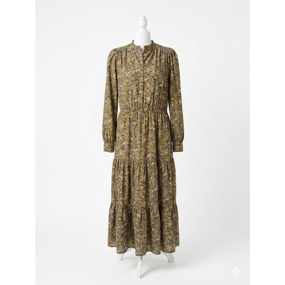 Hayden Los Angeles Floral Smocked Tiered Maxi Dress Olive Green Boho Womens L
